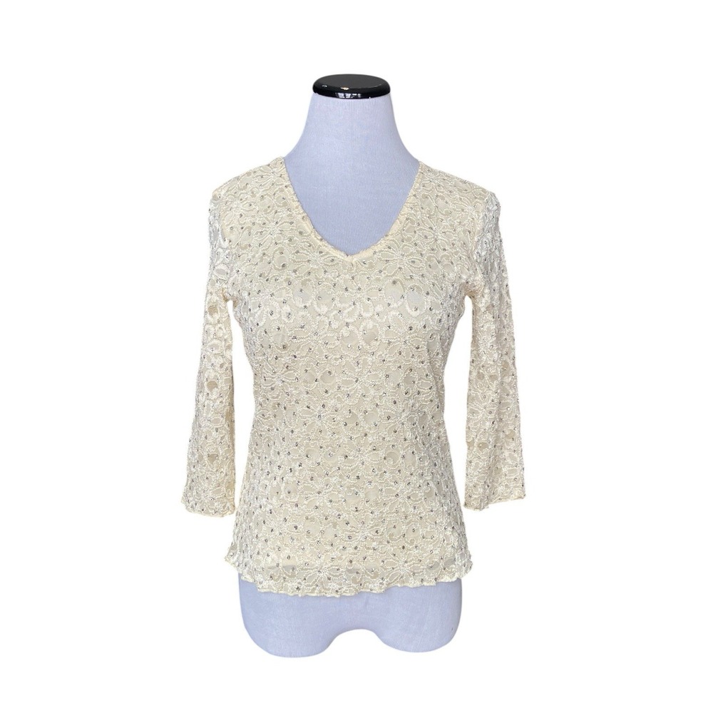Vintage Y2K Ivory Lace Mesh Sparkle Top Size S‎ Deadstock Fairycore Bridal Sheer